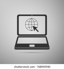 Website on laptop screen icon isolated on grey background. Laptop with globe and cursor.  