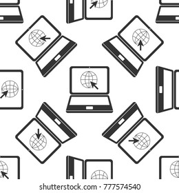 Website on laptop screen icon seamless pattern on white background. Laptop with globe and cursor. World wide web symbol. Internet symbol for your web site design, app. Flat design. Vector Illustration