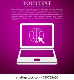 Website on laptop screen icon isolated on purple background. Laptop with globe and cursor. World wide web symbol. Internet symbol for your web site design, logo, app. Flat design. Vector Illustration
