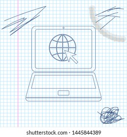 Website on laptop screen line sketch icon isolated on white background. Laptop with globe and cursor. World wide web symbol. Vector Illustration