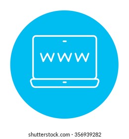 Website on the laptop screen line icon for web, mobile and infographics. Vector white icon on the light blue circle isolated on white background.