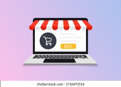 Website on the open laptop with and screen buy. Concept Shopping Online. Marketing and Digital marketing. Online store, Laptop with awning for web design, banner, mobile app, landing page