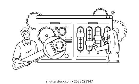 website on page seo vector. desktop web, computer internet, title tool website on page seo character. people black line pencil drawing illustration