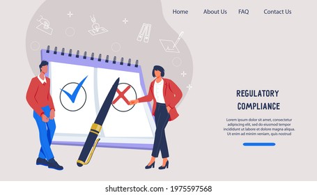 Website on regulatory compliance and  company rules topic with business people discuss laws and implementation of rules. Documents regulation, business and law standards compliance, flat vector.