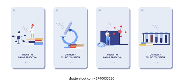 Website onboarding page design set for online chemistry courses, flat vector illustration isolated on background. Internet education and science schooling.