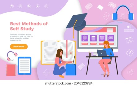 Website with online courses for e-learning. Best method of self education, girls study online with laptops. Various educational programs for students. Distance education, online learning via Internet