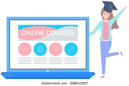 Website with online courses layout. Online educational program, studying via Internet. Woman graduates after internet courses. Student learns using computer. Computer program for education template