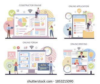 Website-Online-Service oder Plattform-Set. Webseitenanalyse der Sichtbarkeit der Website in Suchmaschinen. Online Konstruktor, Anwendung, Forum, Briefing. Einzelne flache Vektorgrafik