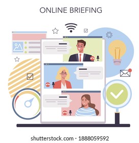 Website-Online-Service oder -Plattform. Webseitenanalyse der Sichtbarkeit der Website in Suchmaschinen. Online-Briefing. Einzelne flache Vektorgrafik