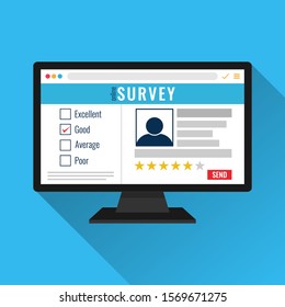 Website of online survey form on monitor screen concept. questionnaire that target audience to create as Web forms with a database to store the answers and statistical software to provide analytics