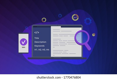 Website on-page SEO (Search Engine Optimization) vector illustration. Seo Development of desktop and mobile version site for better ranking in search engines. Fixing the Title, description, keywords