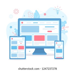 The website is open on different devices: computer, tablet and smartphone. Responsive web design. Flat vector illustration.