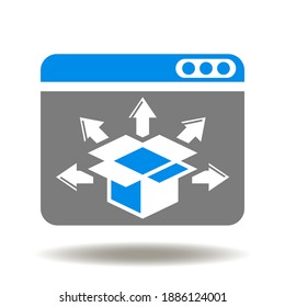 Website with opened cargo package and arrows different direction vector icon. Online Distribution Service Symbol. Procurement Management Internet System Illustration.