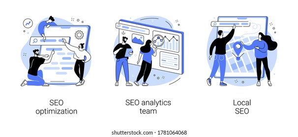 Website optimization abstract concept vector illustration set. SEO analytics team, local SEO, search engines page rank, keyword and link building, internet promotion, visibility abstract metaphor.