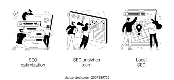 Website optimization abstract concept vector illustration set. SEO analytics team, local SEO, search engines page rank, keyword and link building, internet promotion, visibility abstract metaphor.