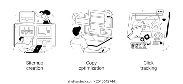 Optimización de sitios web conjunto de ilustraciones vectoriales de concepto abstracto. Creación de sitemap, optimización de copias, seguimiento de clic, software de análisis SEO, negocios en línea, palabra clave de destino, metáfora abstracta de texto web.