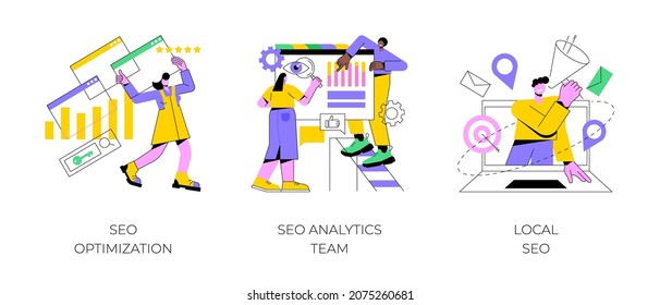 Website optimization abstract concept vector illustration set. SEO analytics team, local SEO, search engines page rank, keyword and link building, internet promotion, visibility abstract metaphor.