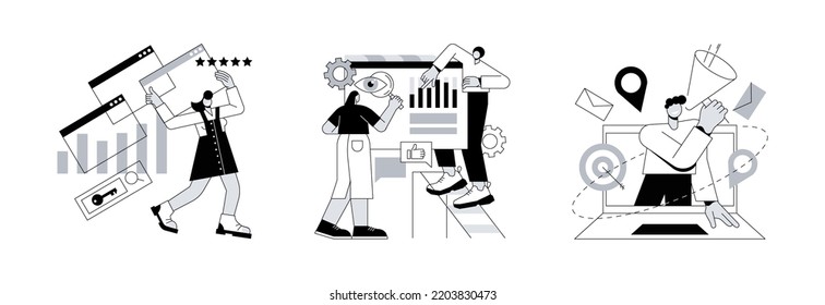 Website optimization abstract concept vector illustration set. SEO analytics team, local SEO, search engines page rank, keyword and link building, internet promotion, visibility abstract metaphor.