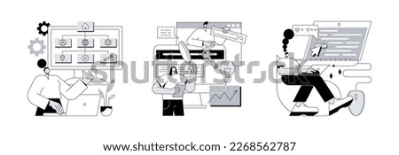 Website optimization abstract concept vector illustration set. Sitemap creation, copy optimization, click tracking, SEO analytics software, online business, target keyword, web text abstract metaphor.