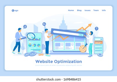 Website Optimization, Analysis, Content writing, Keywording, Reporting, Design, SEO, Links building. Analytics team works with the site page. landing web page design template decorated with people