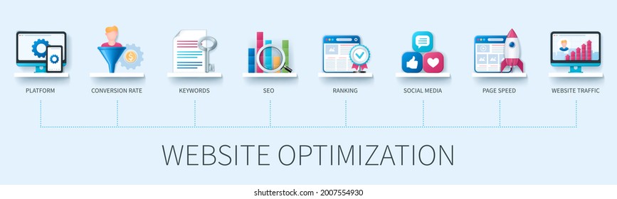 Website Optimization Banner With Icons. Platform, Conversion Rate, Keywords, Seo, Ranking, Social Media, Page Speed, Website Traffic. Web Vector Infographic In 3D Style.