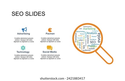 Website Optimization banner with icons. Platform, Conversion Rate, Keywords, Seo, Ranking, Social Media, Page Speed, Website Traffic. Web vector infographic.