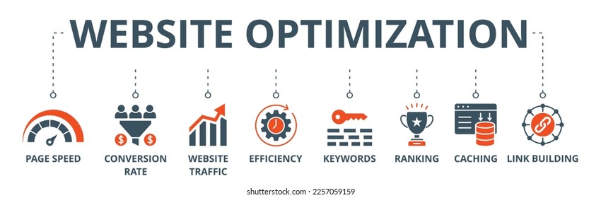 Website optimization banner web icon vector illustration concept with icon of page speed, conversion rate, website traffic, efficiency, keywords, ranking, caching, link building