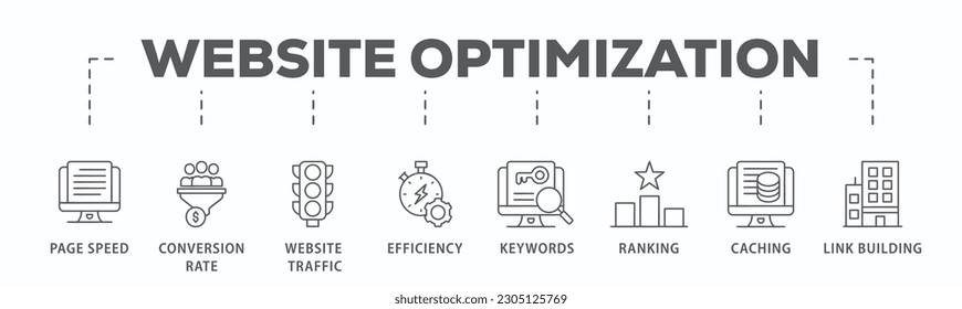 Website optimization banner web icon vector illustration concept with icon of page speed, conversion rate, website traffic, efficiency, keywords, ranking, caching, link building
