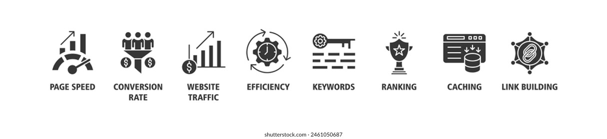 Website optimization banner web icon set vector illustration concept with icon of page speed, conversion rate, website traffic, efficiency, keywords, ranking, caching, link building