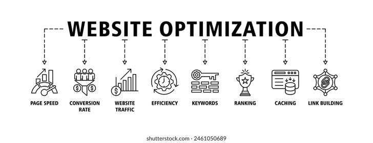 Concepto de Ilustración vectorial de conjunto de iconos de Web de Anuncio con el Sitio web de velocidad de página, tasa de conversión, tráfico de Sitio web, eficiencia, Palabras claves, clasificación, almacenamiento en caché, construcción de Enlaces