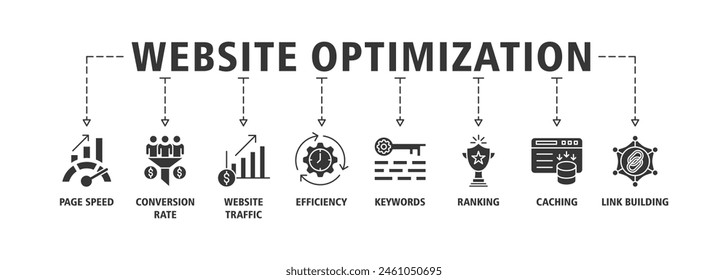 Website optimization banner web icon set vector illustration concept with icon of page speed, conversion rate, website traffic, efficiency, keywords, ranking, caching, link building