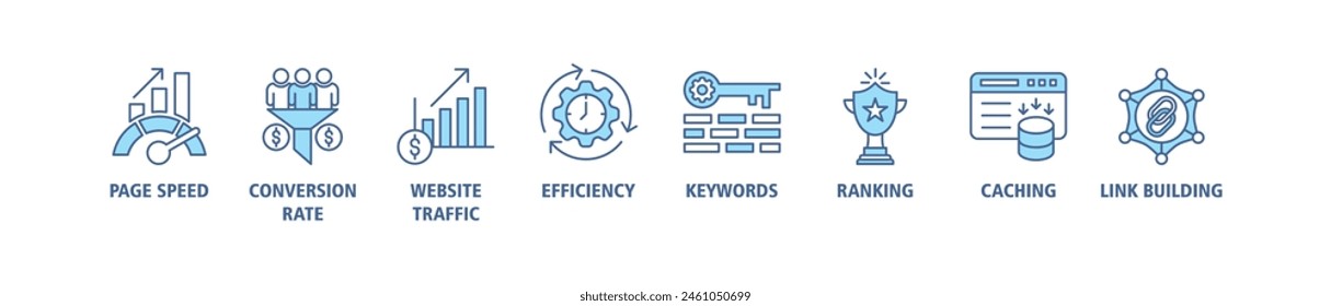 Concepto de Ilustración vectorial de conjunto de iconos de Web de Anuncio con el Sitio web de velocidad de página, tasa de conversión, tráfico de Sitio web, eficiencia, Palabras claves, clasificación, almacenamiento en caché, construcción de Enlaces