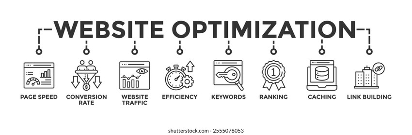 Website optimization banner web icon vector illustration concept with icon of page speed, conversion rate, website traffic, efficiency, keywords, ranking, caching, link building	