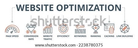 Website optimization banner web icon vector illustration concept with icon of page speed, conversion rate, website traffic, efficiency, keywords, ranking, caching, link building