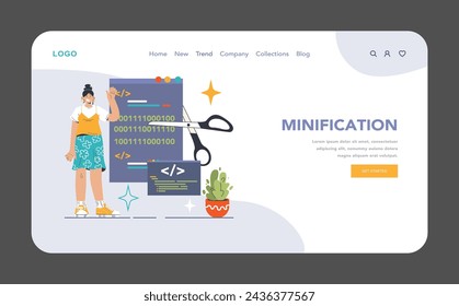 Website optimization concept. Streamlining code to enhance website performance. Reducing load times with clean coding practices. Flat vector illustration.