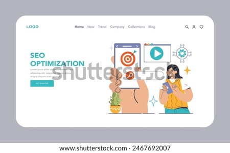 Website optimization concept. Targeting search relevance with precision. Engaging content and user interactions. Flat vector illustration.