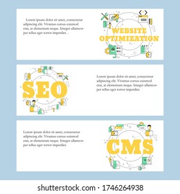 Website Optimization, Content Management System and Search Engine Optimization concepts for website, landing page, ui, web banners and promotional materials. Vector template.