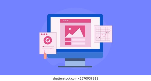 Website optimization, Content update, Website speed optimization, SEO optimization - vector illustration background with icons