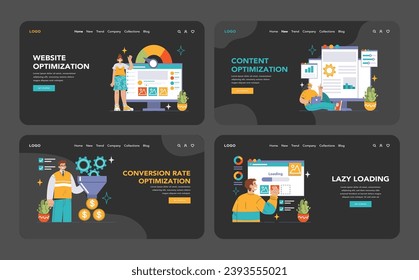 Website optimization dark or night mode web, landing. Performance monitoring, content strategy, conversion optimization, and lazy loading techniques for an efficient digital footprint.