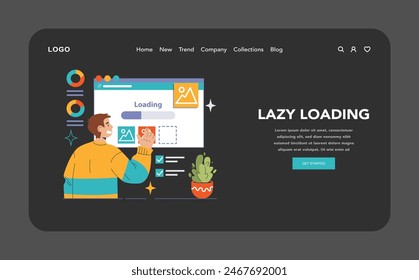 Optimización de Sitio web modo oscuro o nocturno Web, aterrizaje. Mejora de la velocidad y la eficacia del Sitio web mediante la carga A la carta del contenido. Mejora de la experiencia del usuario con la gestión inteligente de recursos. Vector plano