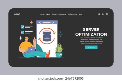 Website optimization dark or night mode web, landing. Streamlining data storage and retrieval processes. Enhancing server efficiency and performance. Flat vector illustration.
