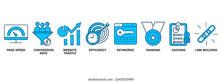 Ícone de otimização do site define o conceito de ilustração vetorial com ícone de velocidade de página, taxa de conversão, tráfego do site, eficiência, palavras-chave, classificação, cache, construção de links�