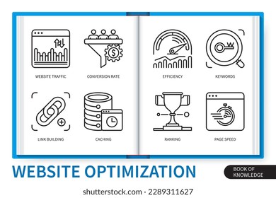 Website optimization infographics elements set. Page Speed, Conversion Rate, Website Traffic, Efficiency, Keywords, Ranking, Caching, Link Building. Web vector linear icons collection