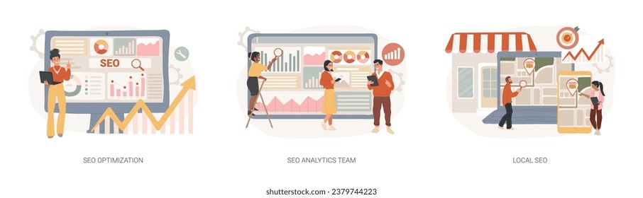 Website optimization isolated concept vector illustration set. SEO analytics team, local SEO, search engines page rank, keyword and link building, internet promotion, visibility vector concept.