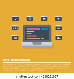 Website optimization, programming, design and analytics. Flat design. Vector Illustration.