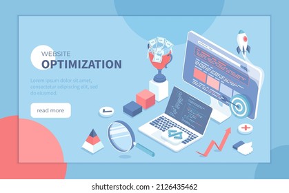 Website Optimization, Search Engine Optimization, SEO strategy. Web analytics, management and marketing. Keywording, Reporting, Links building. Isometric vector illustration for banner, website.