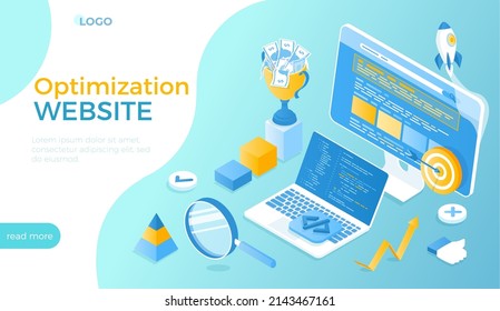Website Optimization, Search Engine Optimization, SEO strategy. Web analytics, management and marketing. Keywording, Reporting, Links building. Isometric vector illustration for website.