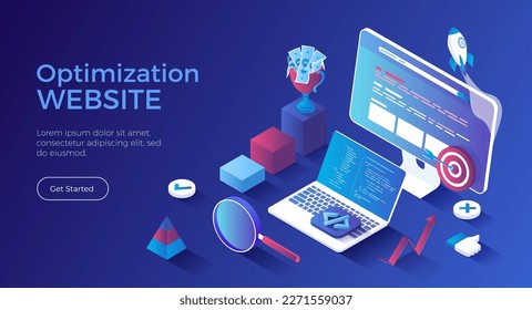 Website Optimization, Search Engine Optimization, SEO strategy. Web analytics, management and marketing. Keywording, Reporting, Links building. Isometric landing page. Vector web banner.