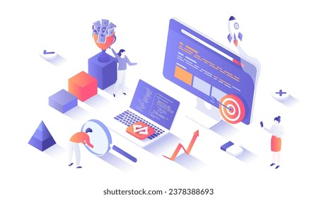 Website Optimization, Search Engine Optimization, SEO strategy. Web analytics, management and marketing. Keywording, Reporting, Links building. Isometry illustration with people scene for web graphic.