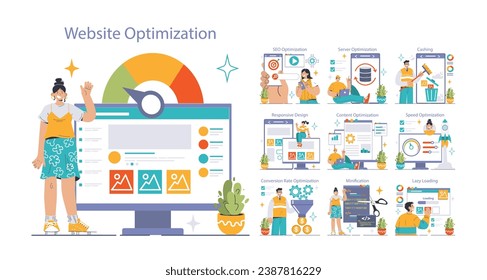 Website Optimization set. Expert showcasing strategies. SEO enhancements, responsive design, speed boost. Content refining, server tweaks. Flat vector illustration.